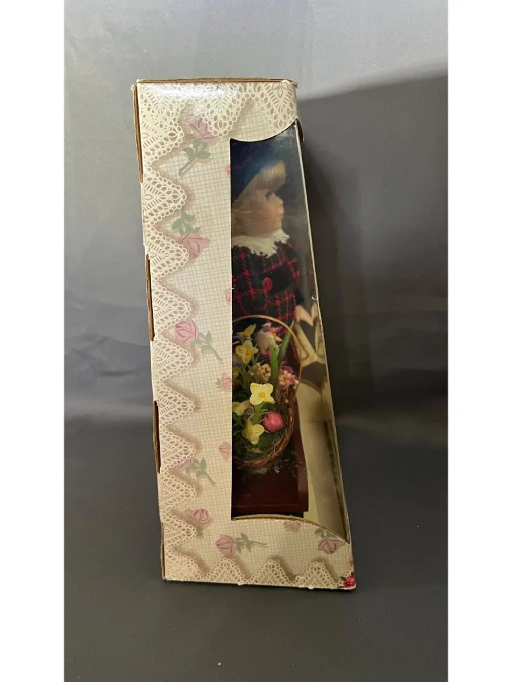 Genuine Fine Bisque Porcelain Doll W/ Flowers & Wagon New